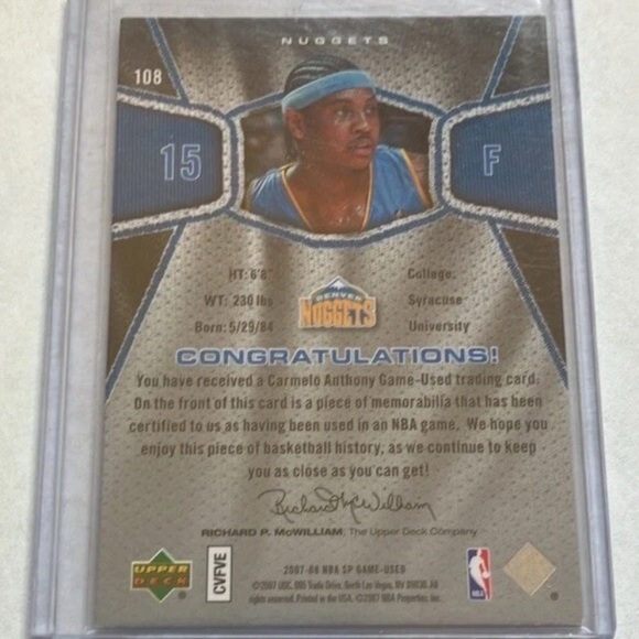 2007-08 Game-Used Carmelo Anthony Denver Nuggets Jersey Card NM+ - Picture 2 of 3
